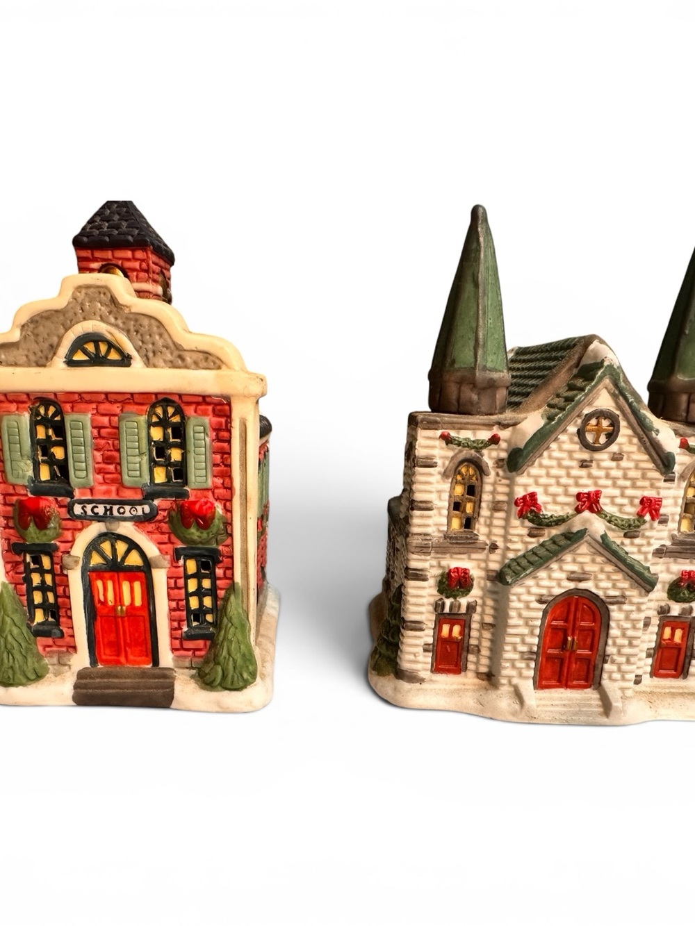 1995 Trim A Home Ceramic Christmas Village School & Church Lighted Buildings Set